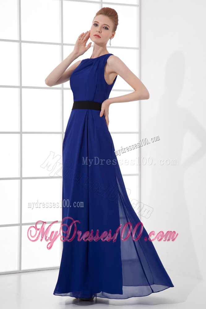Peacock Blue Empire Bateau Floor-length Backless Evening Dress