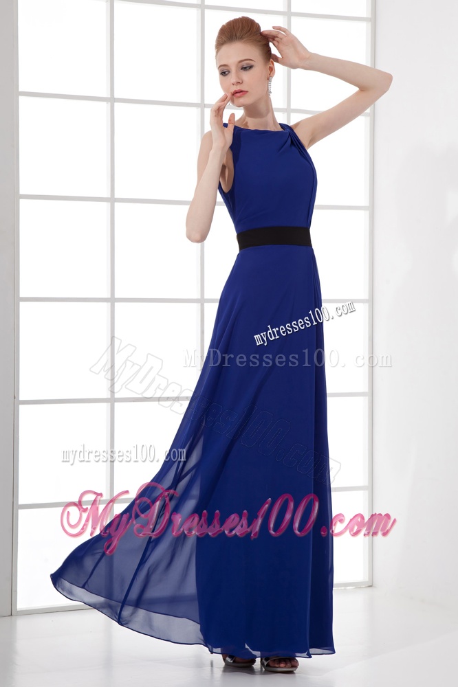 Peacock Blue Empire Bateau Floor-length Backless Evening Dress