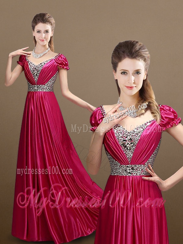 Pretty Empire V Neck Beading Evening Dresses with Short Sleeves