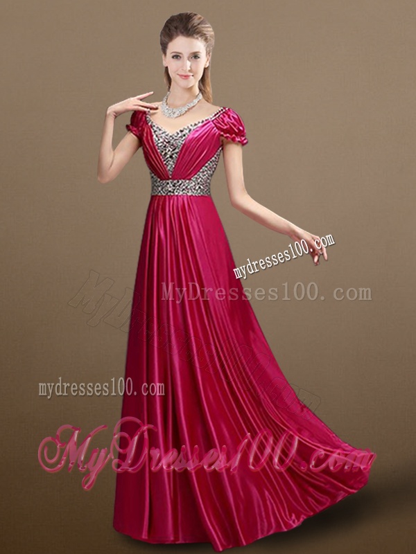 Pretty Empire V Neck Beading Evening Dresses with Short Sleeves