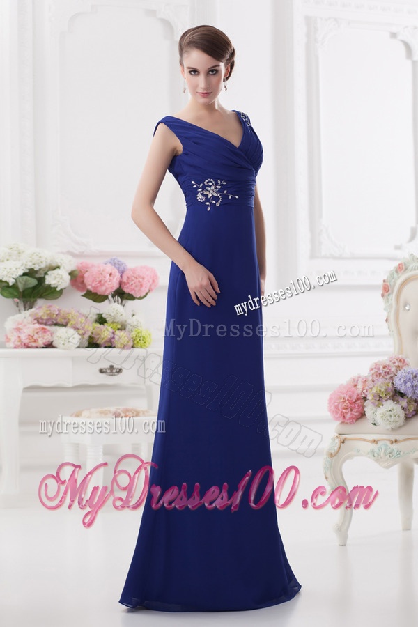 Ruching and Beading V-neck Column Dark Blue Evening Dress