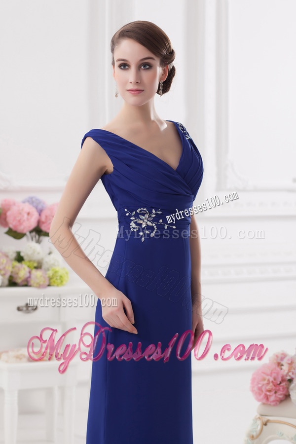 Ruching and Beading V-neck Column Dark Blue Evening Dress