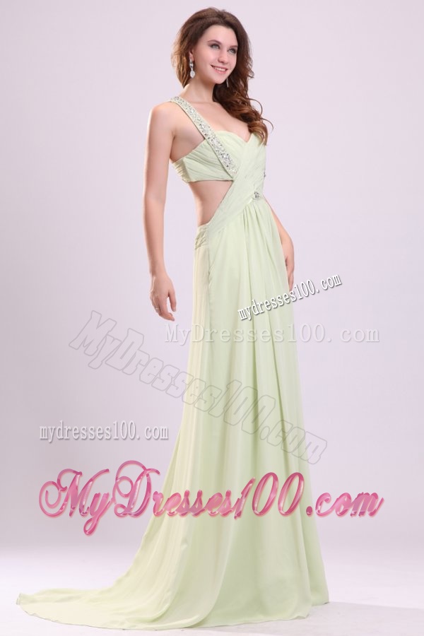 Sexy Empire Halter Chiffon Brush Train Criss Cross Beading Evening Dress in Yellow Green