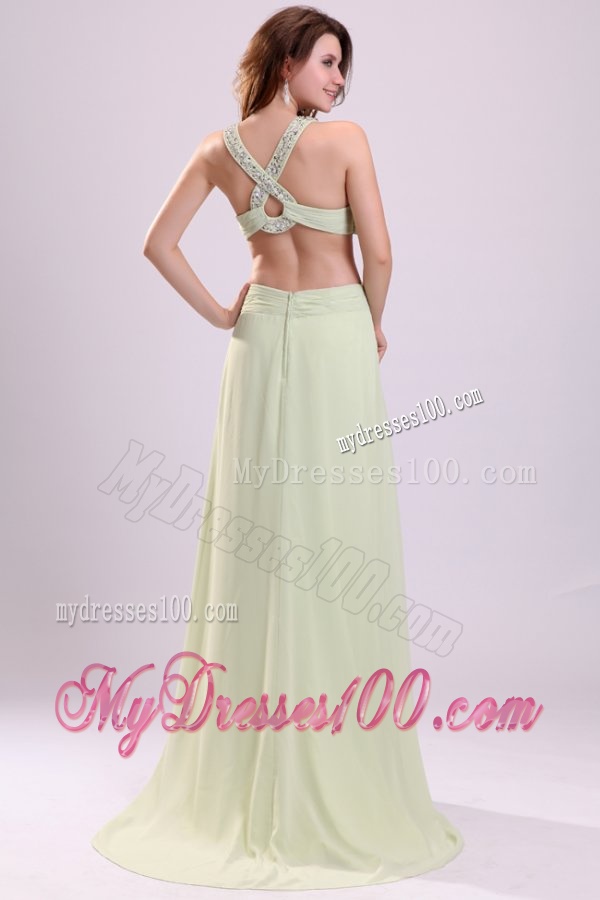 Sexy Empire Halter Chiffon Brush Train Criss Cross Beading Evening Dress in Yellow Green