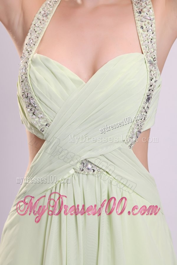 Sexy Empire Halter Chiffon Brush Train Criss Cross Beading Evening Dress in Yellow Green