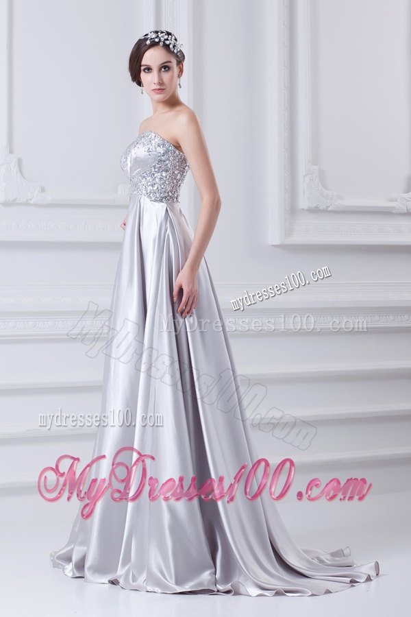 Silver A-line Sweetheart Taffeta Beading Brush Train Evening Dress