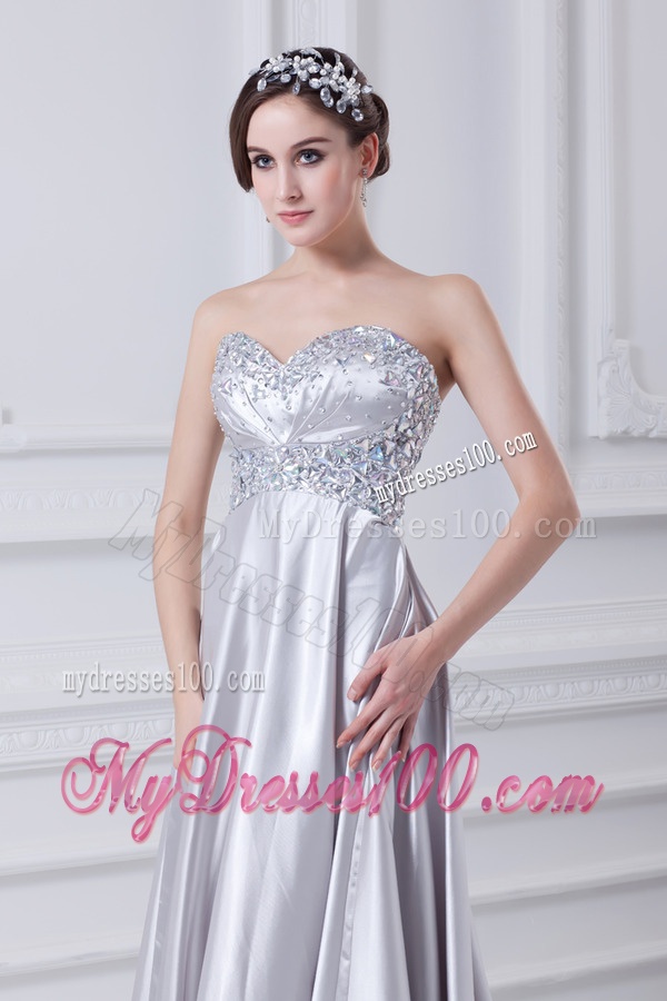 Silver A-line Sweetheart Taffeta Beading Brush Train Evening Dress