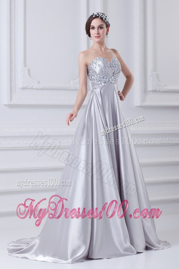 Silver A-line Sweetheart Taffeta Beading Brush Train Evening Dress