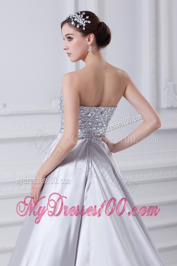 Silver A-line Sweetheart Taffeta Beading Brush Train Evening Dress
