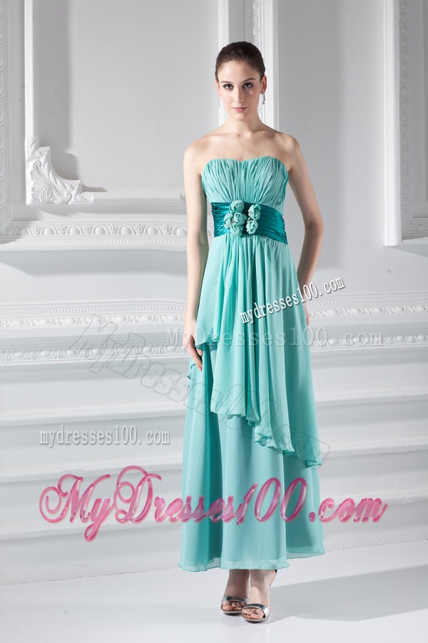 Strapless Ankel-length Empire Turquoise Hand-made Flower Evening Dress