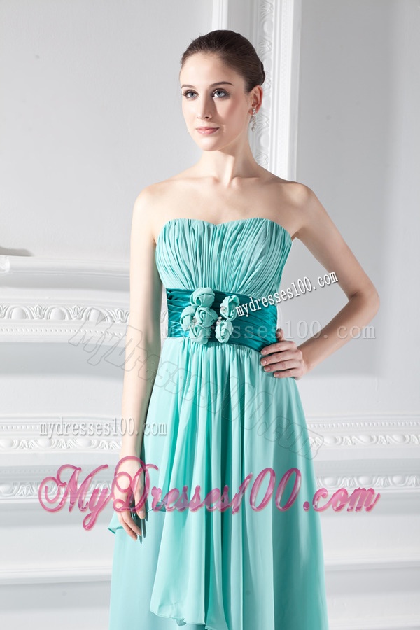 Strapless Ankel-length Empire Turquoise Hand-made Flower Evening Dress