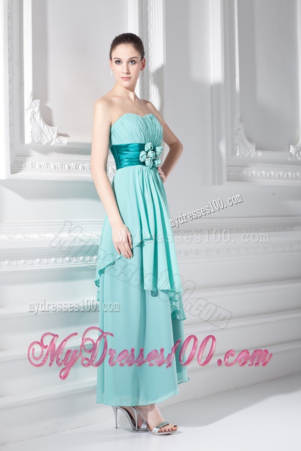 Strapless Ankel-length Empire Turquoise Hand-made Flower Evening Dress