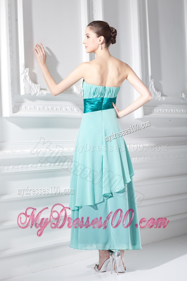 Strapless Ankel-length Empire Turquoise Hand-made Flower Evening Dress