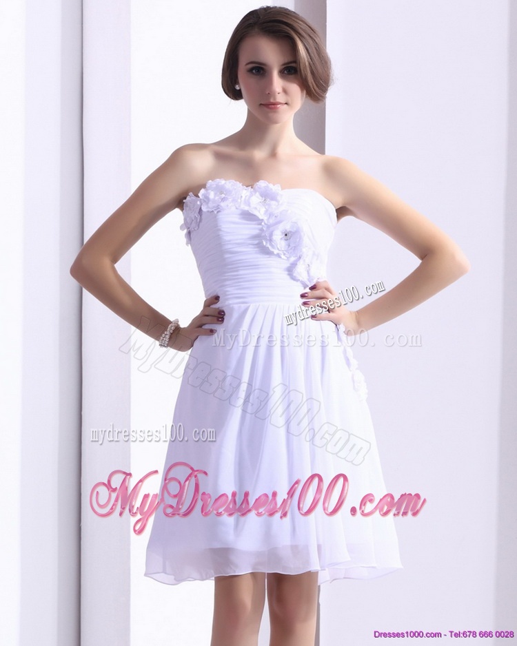 White Strapless Evening Dresses with Ruching and Hand Made Flower