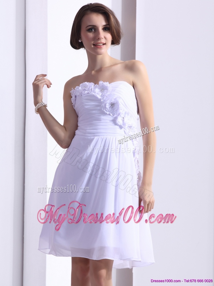 White Strapless Evening Dresses with Ruching and Hand Made Flower
