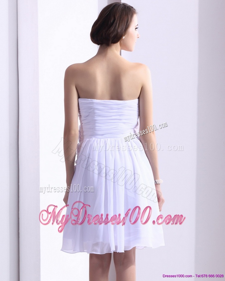 White Strapless Evening Dresses with Ruching and Hand Made Flower