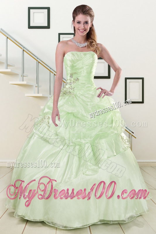2016 Cheap Strapless Yellow Green Quinceanera Gowns with Beading