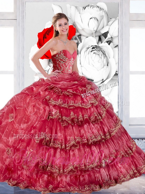 2016 Exclusive Appliques and Ruffles Quinceanera Dress in Coral Red