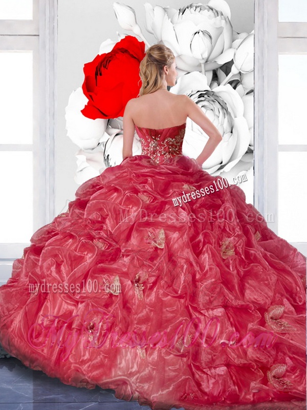 2016 Exclusive Appliques and Ruffles Quinceanera Dress in Coral Red