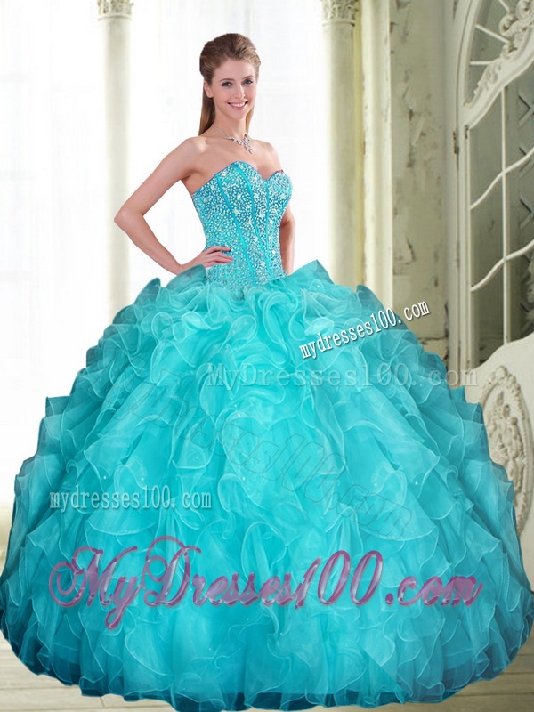 2016 Romantic Beading and Ruffles Sweetheart Quinceanera Dresses in Aqua Blue