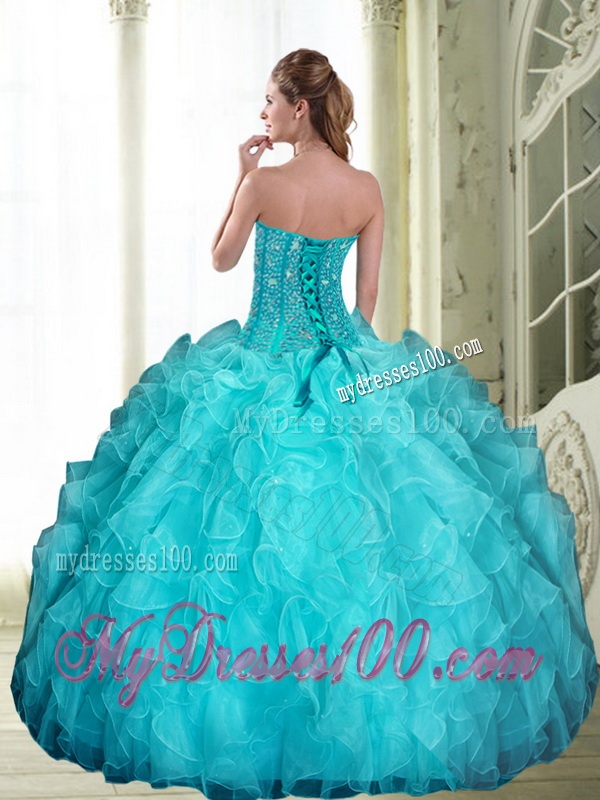 2016 Romantic Beading and Ruffles Sweetheart Quinceanera Dresses in Aqua Blue