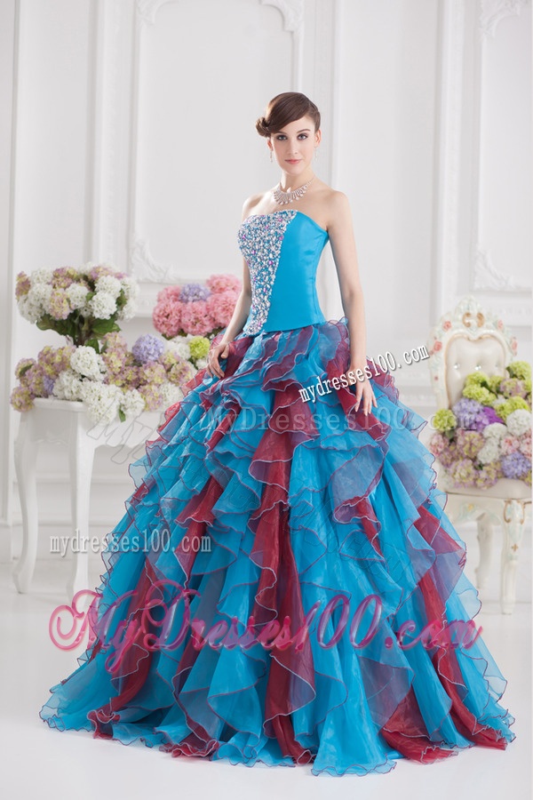Ball Gown Strapless Organza Beading Ruffles Multi-color Quinceanera Dress