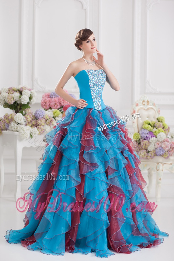 Ball Gown Strapless Organza Beading Ruffles Multi-color Quinceanera Dress