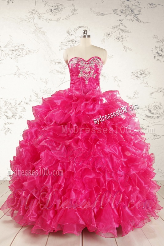 Beautiful Hot Pink Sweet 15 Dresses with Appliques and Ruffles