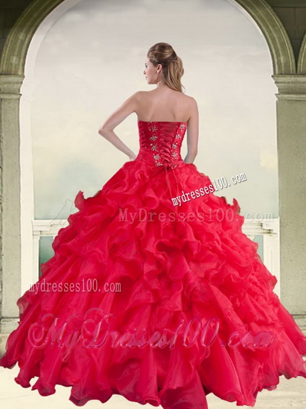 Elegant Red Strapless Quinceanera Dress with Ruffles and Beading