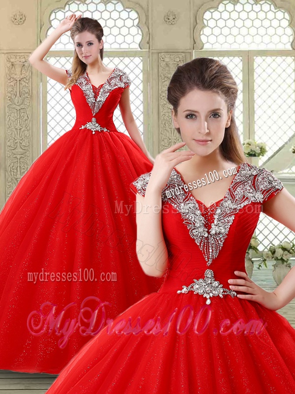 Exquisite Ball Gown Beading Sweet 16 Dresses with V Neck