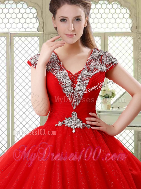 Exquisite Ball Gown Beading Sweet 16 Dresses with V Neck