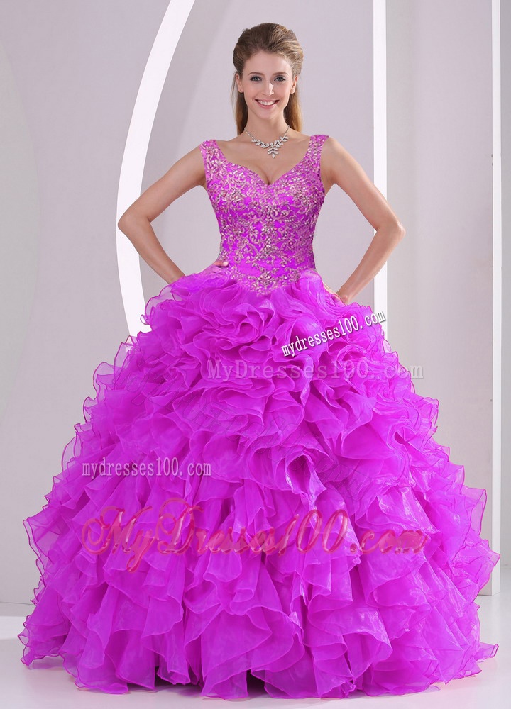 Fashionable Fuchsia Quince Dresses with Beading and Ruffles