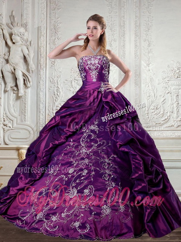 Floor Length Strapless Embroidery and Pick Up Quinceanera Gown for 2016