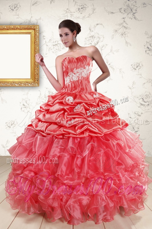 Luxurious Sweetheart Appliques Quinceanera Dresses in Watermelon