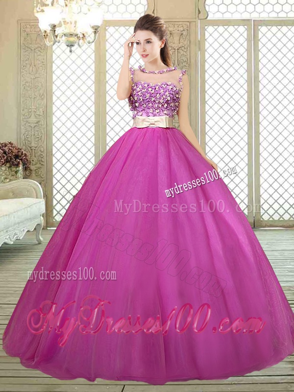 Modern Scoop Sweet 16 Dresses with Belt and Appliques