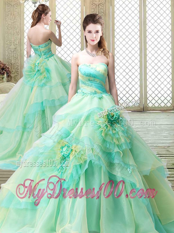 New Strapless Brush Train Quinceanera Dresses with Hand Made Flowers