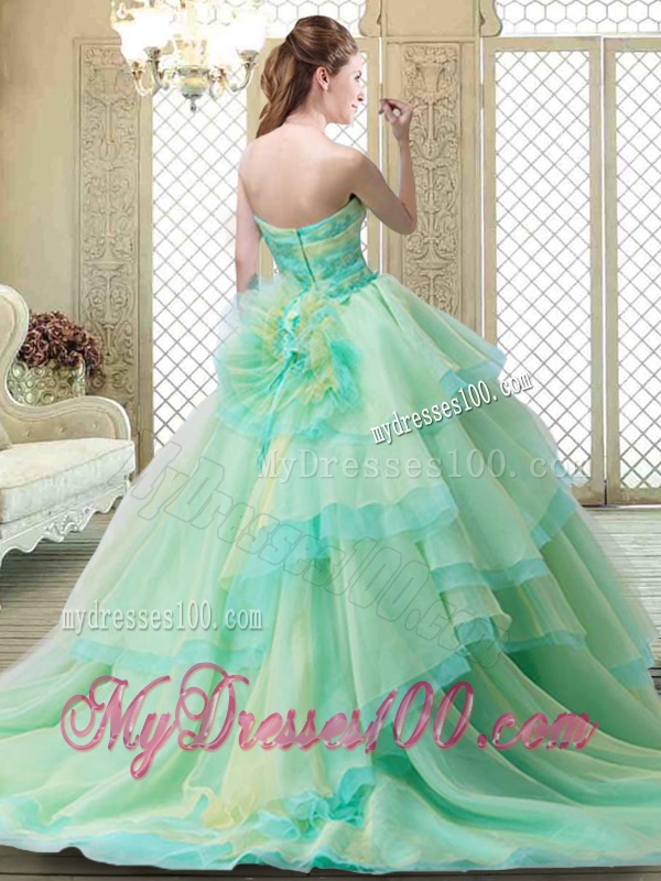 New Strapless Brush Train Quinceanera Dresses with Hand Made Flowers