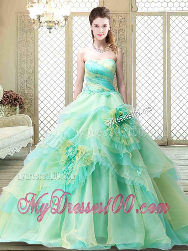 New Strapless Brush Train Quinceanera Dresses with Hand Made Flowers