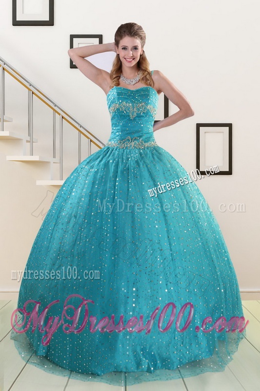 Perfect Spaghetti Straps Appliques Sequins Turquoise Quinceanera Dresses for 2016