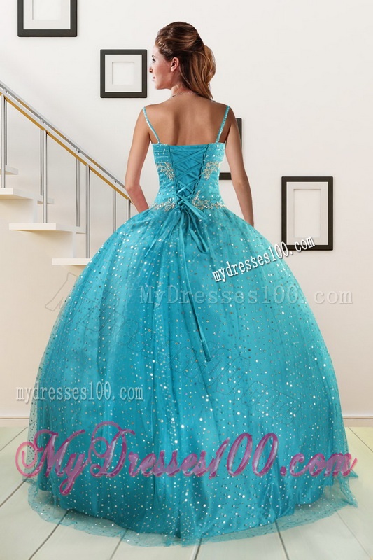 Perfect Spaghetti Straps Appliques Sequins Turquoise Quinceanera Dresses for 2016