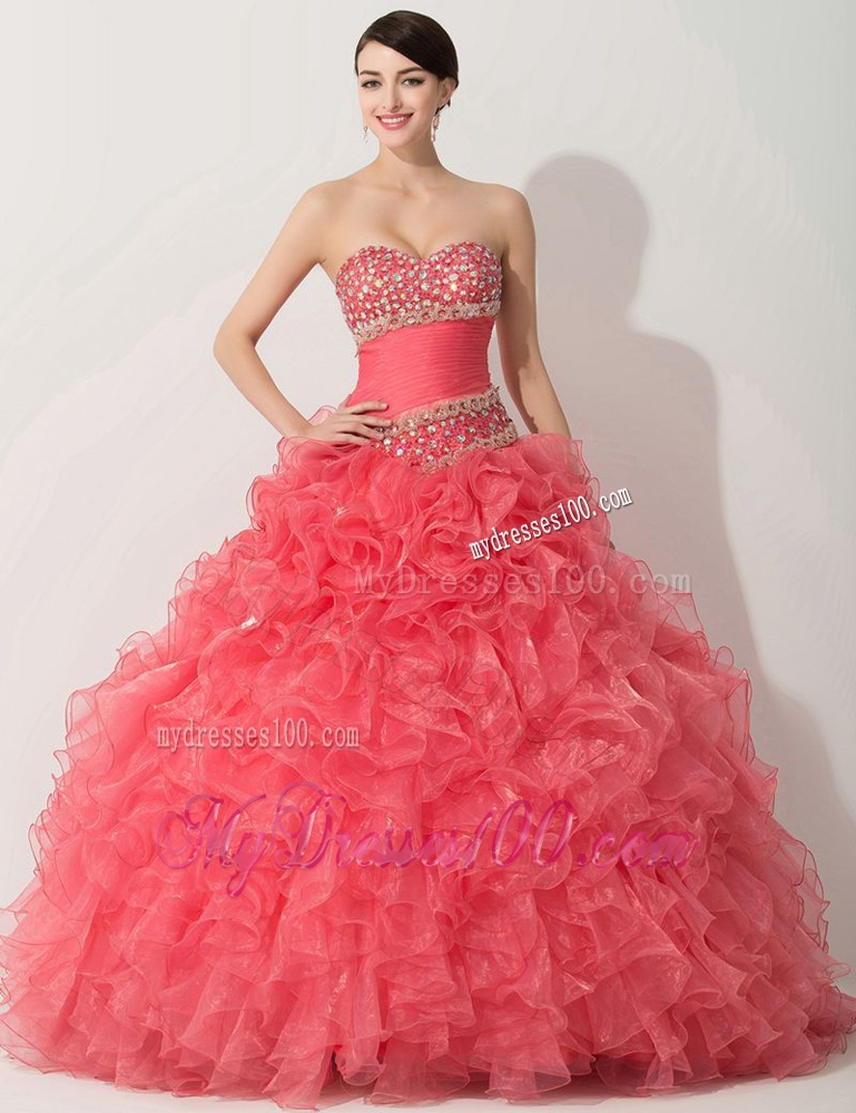 Princess Coral Red Sweet 16 Dress with Beading and Ruffles