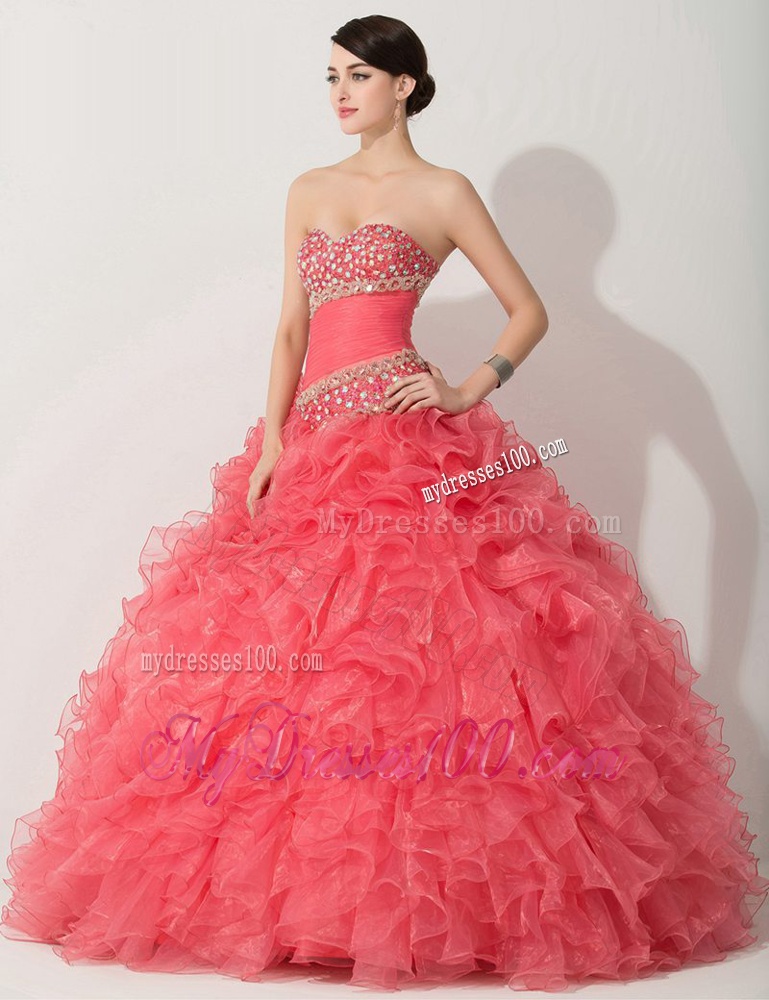 Princess Coral Red Sweet 16 Dress with Beading and Ruffles