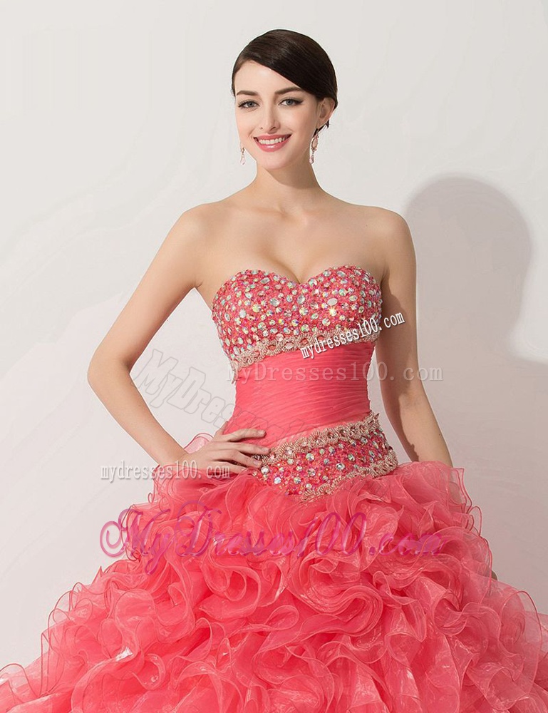 Princess Coral Red Sweet 16 Dress with Beading and Ruffles