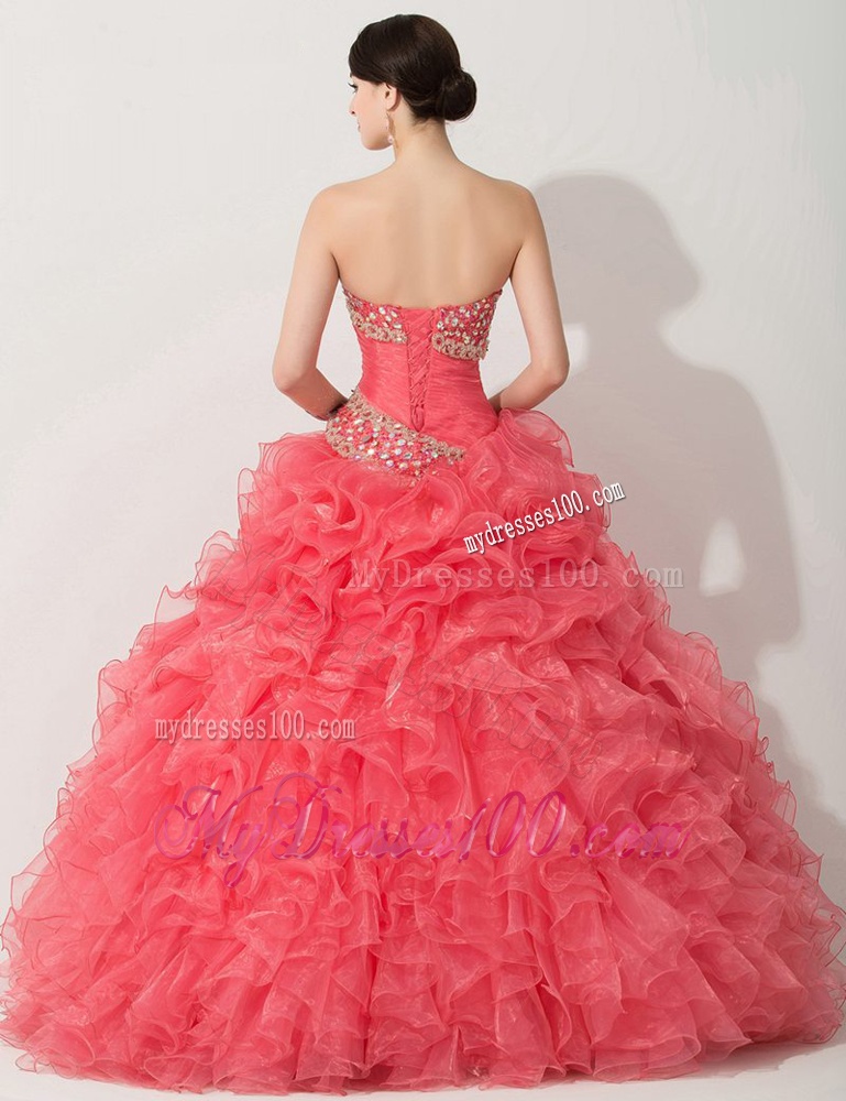 Princess Coral Red Sweet 16 Dress with Beading and Ruffles