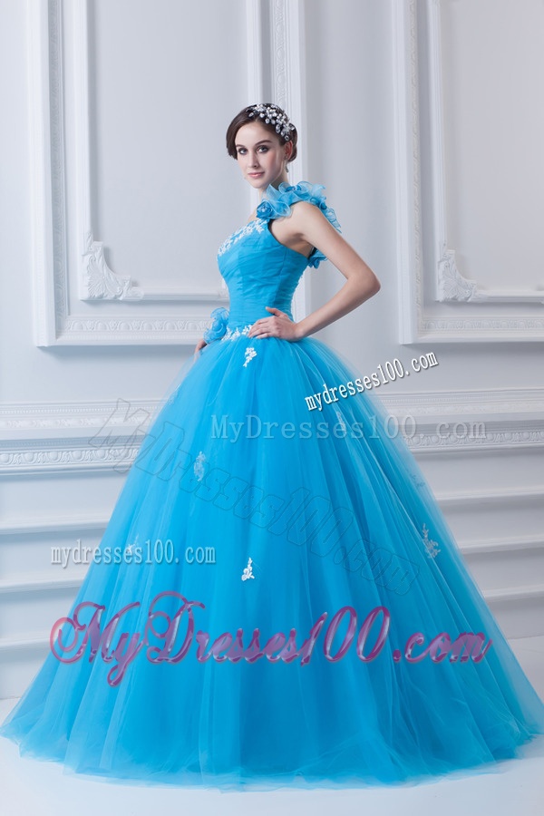Princess One Shoulder Appliques Sky Blue 2016 Quinceanera Dress