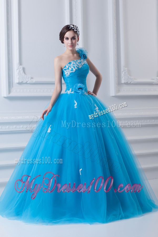 Princess One Shoulder Appliques Sky Blue 2016 Quinceanera Dress