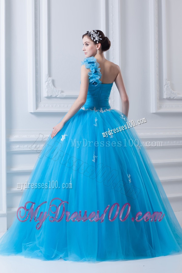 Princess One Shoulder Appliques Sky Blue 2016 Quinceanera Dress