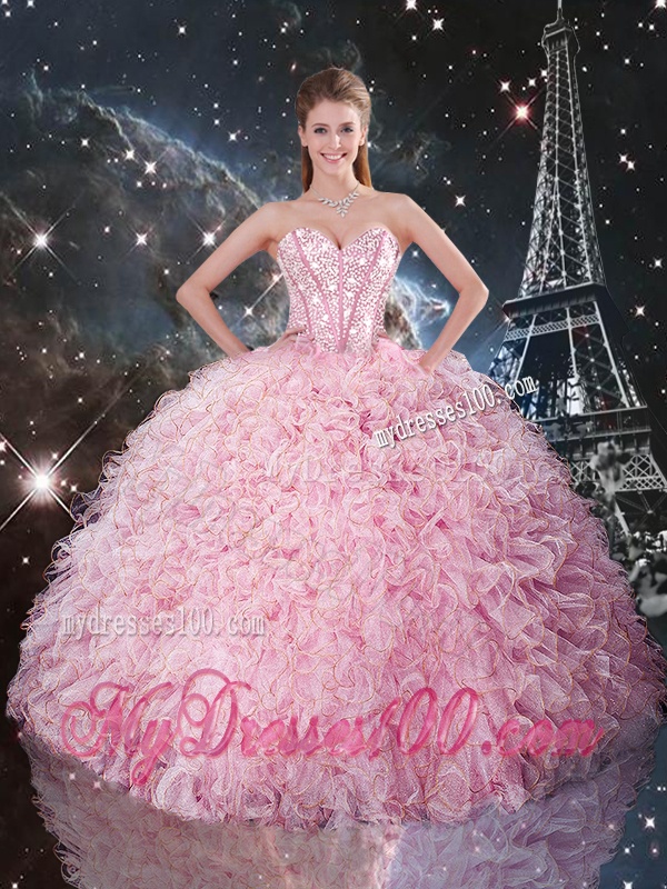 Simple Ball Gown Pink Quinceanera Dresses with Ruffles and Beading