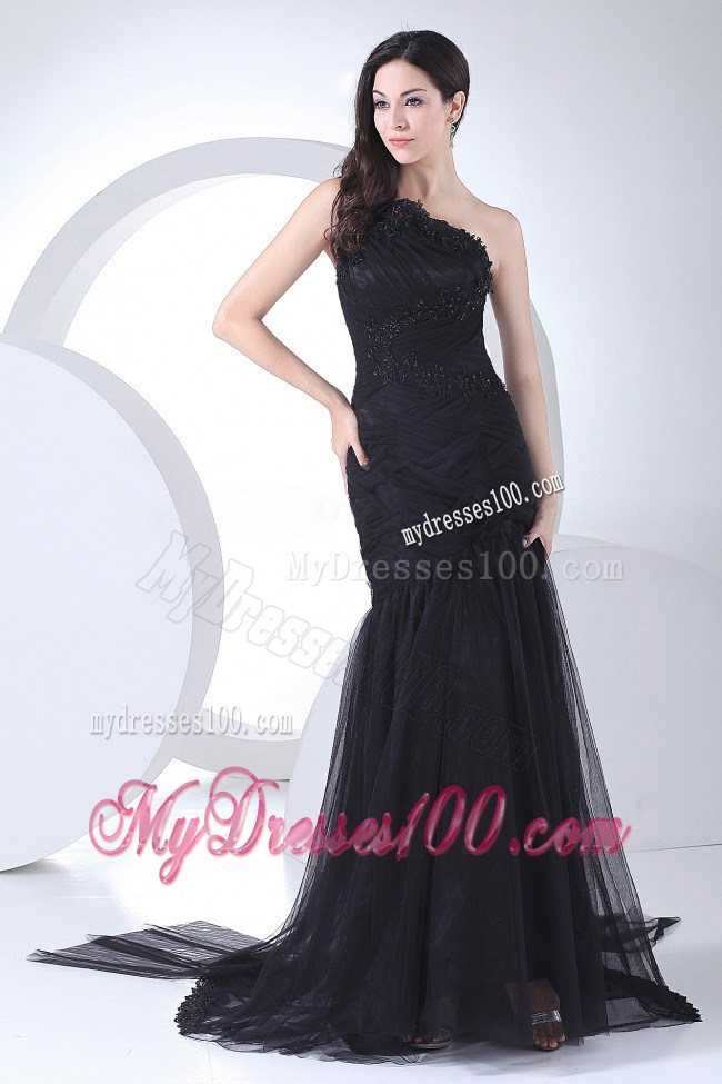 Ruching Decorate One Shoulder Black Brush Train Celebrity Dress