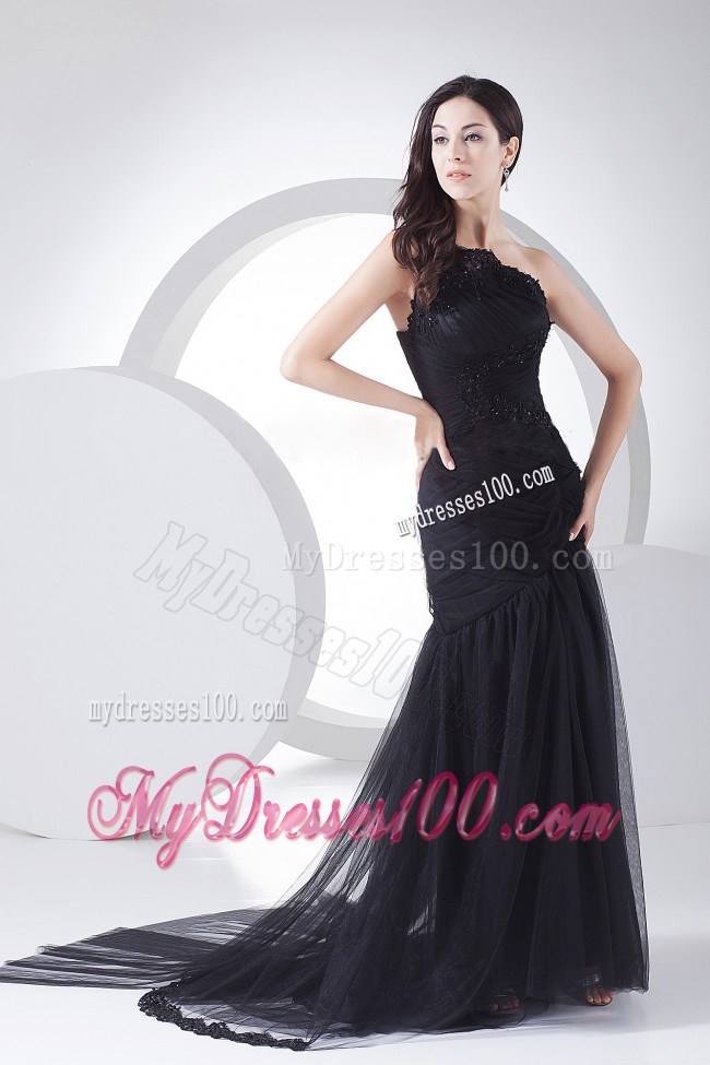Ruching Decorate One Shoulder Black Brush Train Celebrity Dress